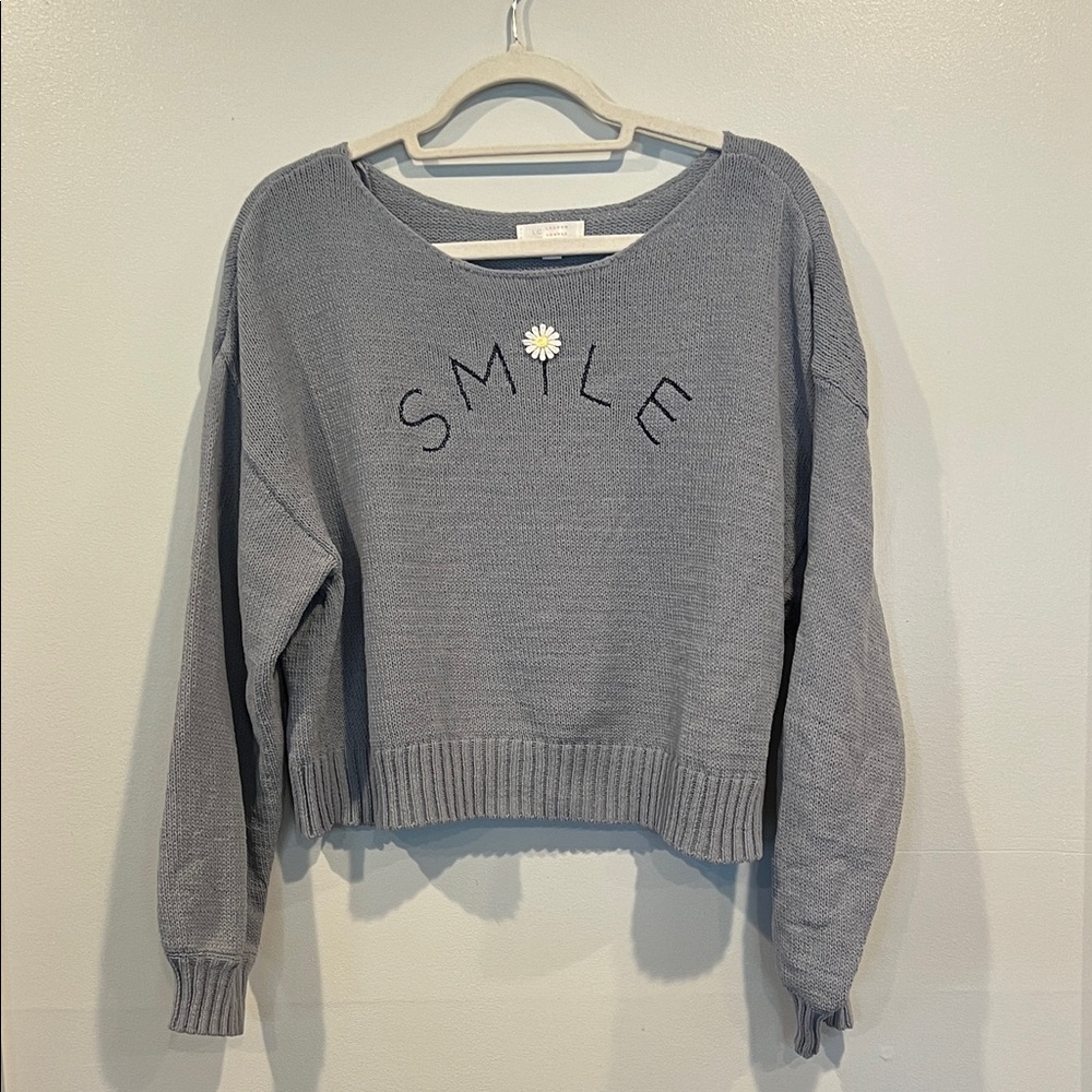 LC Lauren Conrad Blue-Gray 'SMILE' Sweater Juniors Large L Daisey